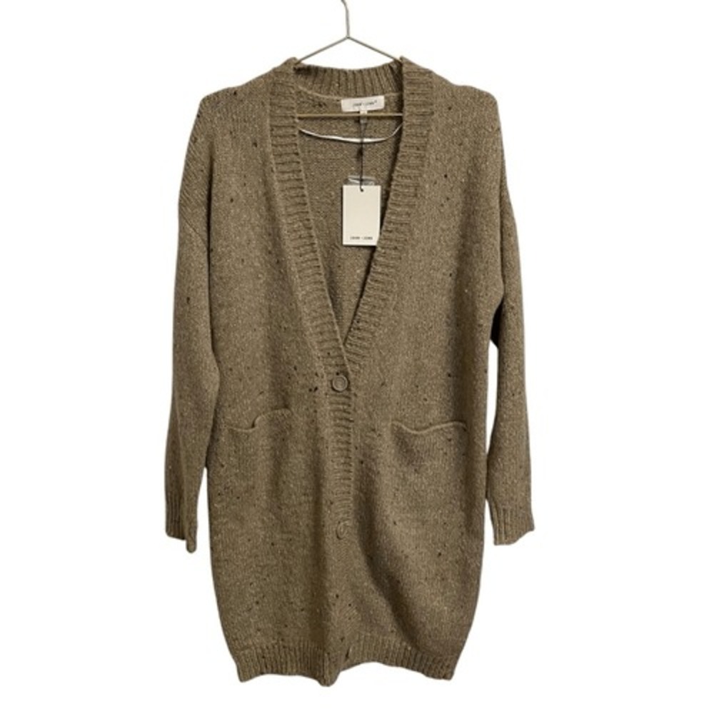 John + Jenn Womens Tan Donegal Fleck Longline V-Neck Cardigan Sweater Size L NEW